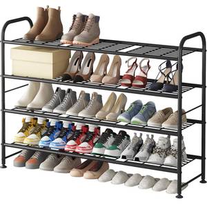 lot 912 image: LINZINAR Shoe Rack Long 4 Tier Shoe Storage Organizer Metal Wide Shoe Shelf for Closet Entryway Bedroom 24 Paris Large Capacity, Gold Black - Retail $37
