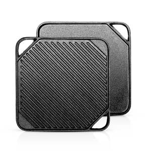lot 913 image: Pre Ownes 1-Piece 10.6 inch Cast Iron Griddle Plate  Reversible Square Cast Iron Grill Pan for Single burner Double Sided Used on Open Fire & in Oven  Pre-Seasoned Versatile Baking Griddle - Retail $31