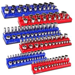 lot 917 image: Magnetic Socket Organizer Set, 6PCS Socket Holder, 14, 38, 12 Sockets Holds 143 Pieces Magnetic Sockets Trays (Blue&red, 6 Pcs) - Retail $38