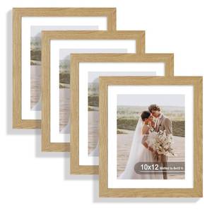 lot 920 image: Hongkee 10x12 Picture Frame Set of 4, Made of Real Glass and Natural Oak Frame - Display Picture 8x10 with Mat or 10x12 Without Mat, 10 by 12 Photo for Wall Mounting - Retail $32