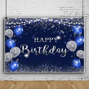 lot 921 image: 12x8ft Blue Birthday Backdrop Blue and Silver Balloons Glitter Happy Birthday Photography Background for Men Women 30th 50th 60th Birthday Backdrop Party Decorations Banner Studio Photo Booth Props - Retail $29