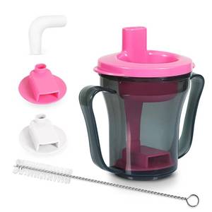 lot 925 image: Ehucon Dysphagia Regulating Drinking Cup,include 5cc and 10cc sip cup, No Thickeners (Clear Grey Body Cup& Cherry Pink Lid)