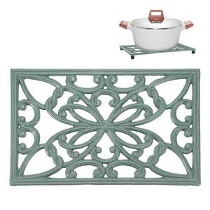lot 957 image: Sumnacon Cast Iron Trivet Heat Resistant Iron Trivets for Hot Dish Pot Pan Plate Teapot, Rustic Cast Iron Trivets for Cooktop Kitchen Dining Table, Rectangle Metal Trivet with Rubber Feets, Green - Retail $199