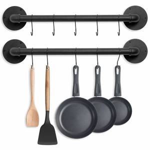 lot 960 image: Boshangjia Pot Pan Rack Wall Mounted Set of 2, 21 Industrial Pipe Utensils Hanger Holder Pots Storage Organizer Iron Detachable Hanging Rail for Kitchen with 10 S Hooks�� - Retail $23