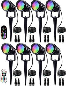 lot 964 image: SUNVIE Christmas 12W RGB Color Changing Landscape Lights Low Voltage LED Landscape Lighting Remote Control Spotlight Waterproof Garden Pathway Christmas Decoration Outdoor, 8 Pack with Connector - Retail $90
