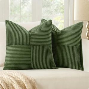 lot 965 image: MIULEE Moss Green Decorative Throw Pillow Covers 20x20 Inch for Couch Bed Sofa Spring Decor Pack of 2 Boho Farmhouse Throw Pillows Soft Cross Corduroy Patchwork Textured Cushion Cases - Retail $25