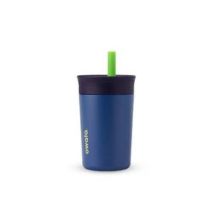 lot 981 image: Owala Kids Insulation Stainless Steel Tumbler with Spill Resistant Flexible Straw, Easy to Clean, Kids Water Bottle, Great for Travel, Dishwasher Safe, 12 Oz, Navy and Blue (Home Base) - Retail $20
