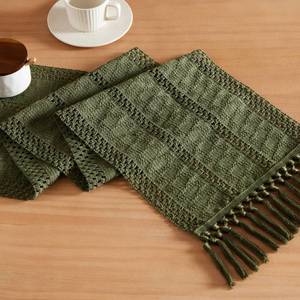 lot 986 image: ZeeMart Macrame Style Boho Table Runner, Olive Green Table Runners 60 Inches Long, Farmhouse Woven Home Decor, 12x60 Inch, Olive - Retail $14