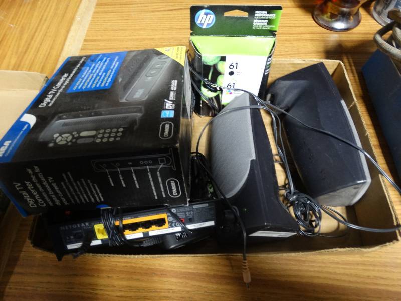 lot 14250 image: Lot with routers, computer speakers, ink, etc.