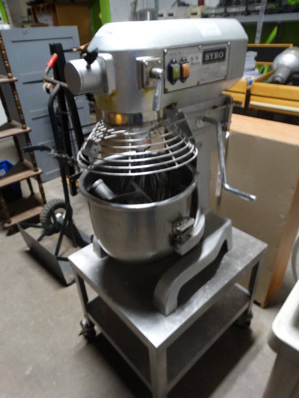 lot 14265 image: Sybo commercial 20 qt mixer with stand on wheels.