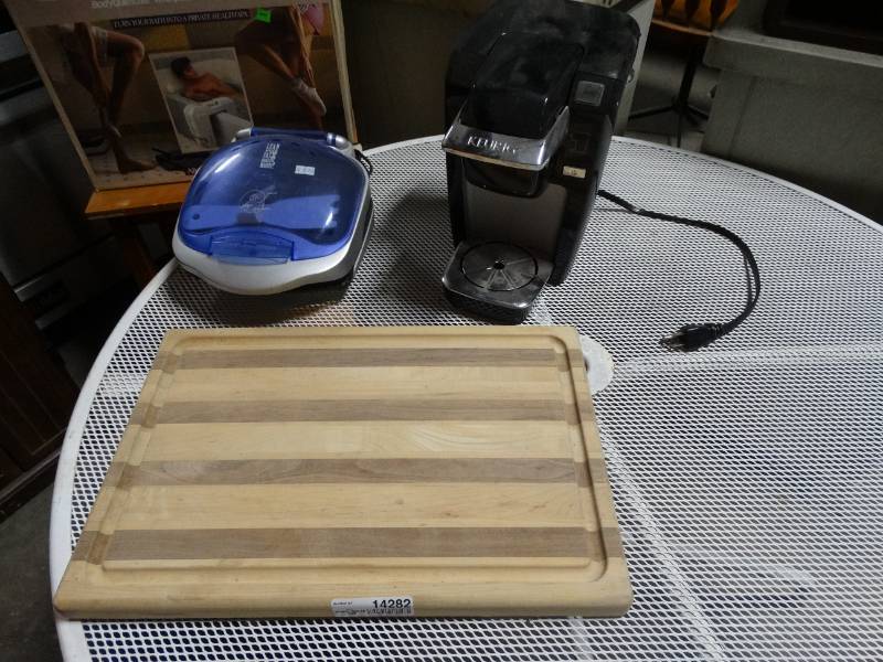 lot 14282 image: Wood cutting board lean grill  kuerig coffee maker