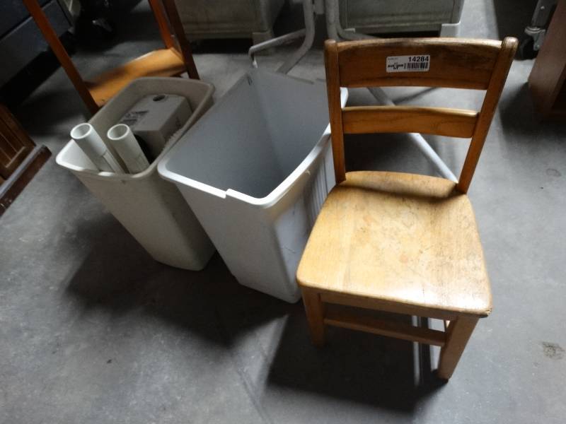 lot 14284 image: Kids oak chair Oreck vacuum 2 trash cans