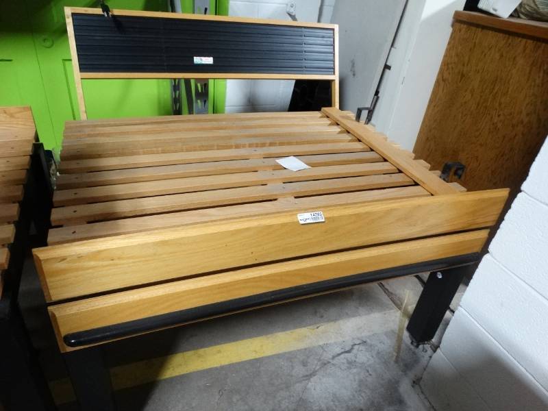 lot 14285 image: Wood adjustable produce table on wheels