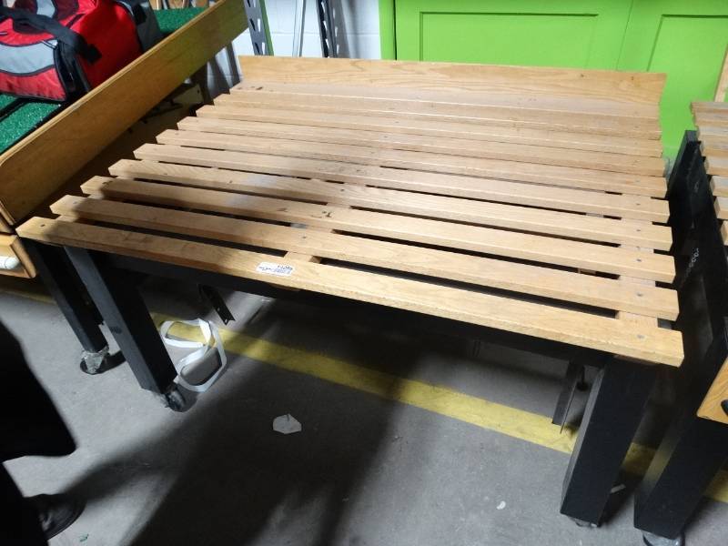 lot 14286 image: Wood adjustable produce table on wheels