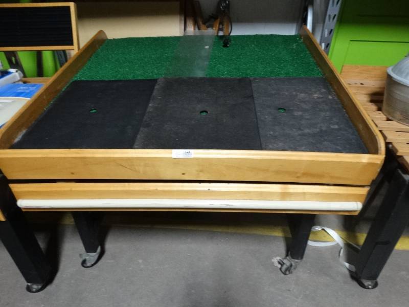lot 14287 image: Wood adjustable produce table on wheels