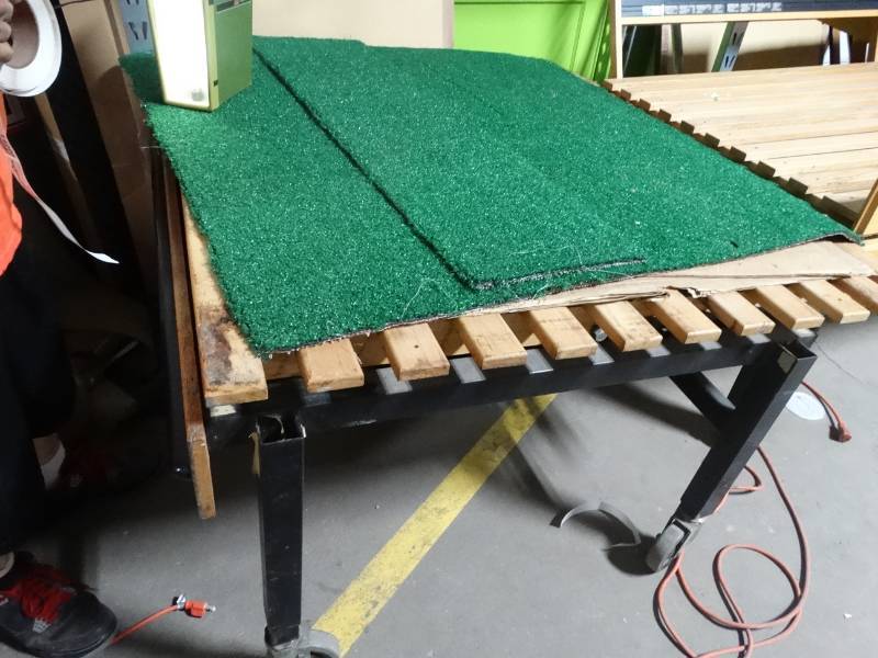 lot 14289 image: Wood adjustable produce table on wheels
