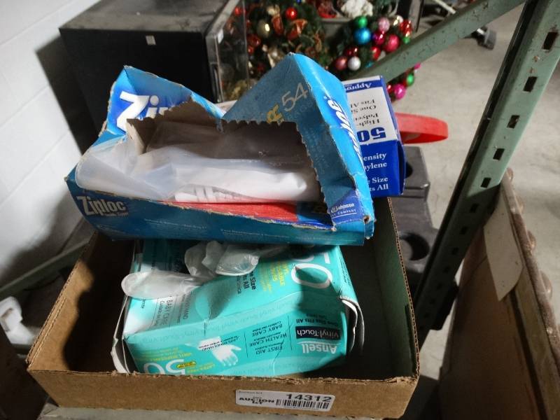 lot 14312 image: 2 opened boxes of rubber gloves open box of ziploc bags