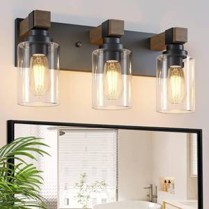 Farmhouse Bathroom Vanity Light Fixtures, Rustic 3-Light Wood Vanity Lights for Bathroom, Vintage Black Wall Sconces Lighting, Light fixtures Over Mirror, with Glass Shade - Retail: $50