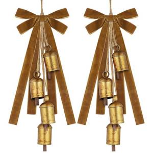 lot 54917 image: 2 Set Christmas Rustic Cow Bells with 2 Velvet Ribbons Metal Harmony Vintage Cow Bells Handmade Hanging Cows Bell for Xmas Tree Garland Wall Decor Parties Gifts - Retail $26