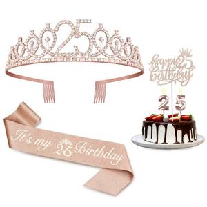 lot 54921 image: 25th Birthday Decorations for Women Including Sash, TiaraCrown, Numeral Candles and Cake Topper, 25th Birthday Gifts for Women, Rose Gold Party Favor Supplies - Retail $13