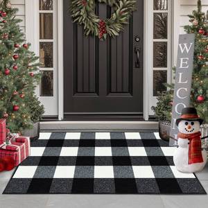 lot 54922 image: Buffalo Plaid Outdoor Rug, 24x36 Checkered Front Door Mat, Non Slip Absorbent Entryway Rug Doormat Indoor, Washable Outdoor Rugs for Layered Door Mats Front PorchFarmhouse Black and White (tear on edge) - Retail $26
