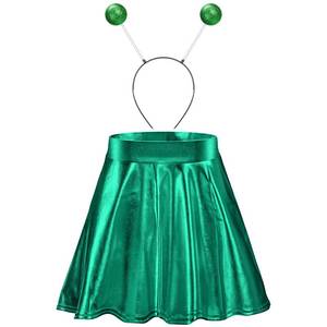 lot 54923 image: Halloween Alien Headband and Metallic Flared Pleated Skater Skirt for Costumes Supplies(X-Large Skirt, Green) - Retail $13