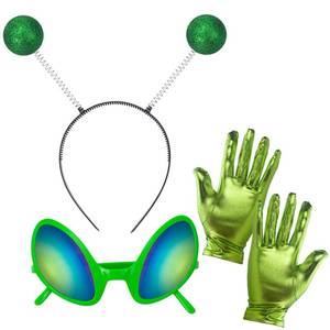lot 54924 image: Alien Headband and Glasses, Alien Costume for Adult Women and Men, Halloween Accessories with Martian Antenna Headband Sunglasses Gloves, Space Costume Accessories for Party, Birthday, Green - Retail $13