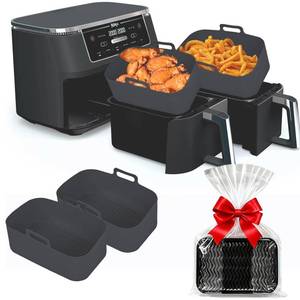 lot 54926 image: Silicone Air Fryer Liners for Ninja - Reusable DZ201 8QT Dual Basket - Rectangular 2-Pack Vacuum-Packed Easy-Clean Dishwasher-Safe Food-Safe for Home Chefs - Housewarming Gifts - Retail $14