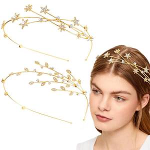 lot 54954 image: 2 Pcs Gold Rhinestone Alloy Five-pointed Star Headbands Bridal Hair Hoop Decorative Headpiece Wedding Hair Accessories Ornaments for Elegant Women Girls - Retail $9