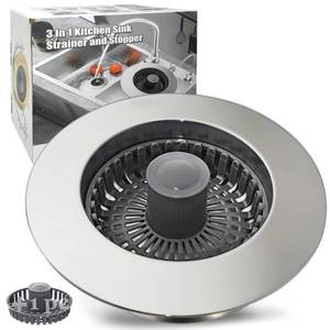 lot 54956 image: Kitchen Sink Drain Strainer, 3 in 1 Pop Up Kitchen Sink Stopper, with an Extra Basket Strainer, Universal for US Standard 3-12 Inch, Chrome Silver - Retail $14