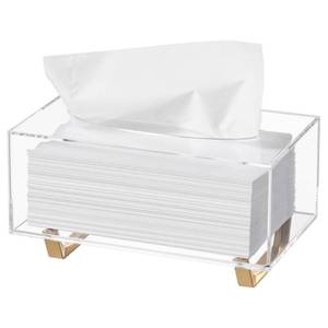 lot 54958 image: Clear Tissue Box Cover Rectangle Acrylic Tissue Box Holder with Gold Plated Legs Napkin Dispenser Dryer Sheet Container for Bathroom (cracked on side) - Retail $23