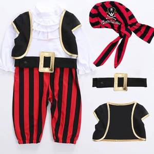 lot 54969 image: Baby Pirate Costume Toddler Pirate Costume Baby Boy Halloween Costumes Long Sleeve RomperVestHatBelt 4pcs set 18-24 months(missing hat, Stain on white collar)