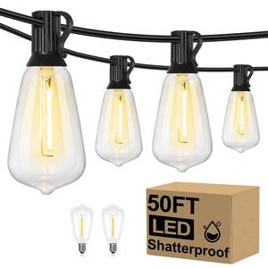 lot 54970 image: 50FT Outdoor String Lights Waterproof, 2700K Bright LED Patio Lights with 27 ST38 Shatterproof Vintage Bulbs, Retro Connectable Edison String Lights for Outside, Garden, Balcony, Porch - Retail $25