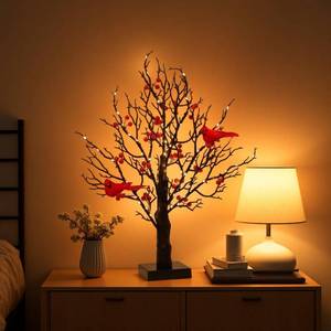 lot 54971 image: Vintage Glowing Tree with Cardinal, Christmas Cardinal Decorations, Red Bird Trees Lighted Branches, Christmas Tree with Berries for Tabletop Centerpiece Decorations Holiday Party, Indoor Office - Retail $22