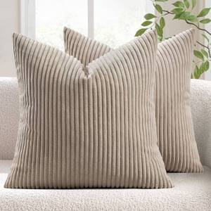 lot 54979 image: Pack of 2 Corduroy Soft Solid Decorative Square Throw Pillow Covers Cushion Cases Pillowcases for Sofa Bedroom Car 18 x 18 Inch 45 x 45 Cm Light Brown - Retail $15