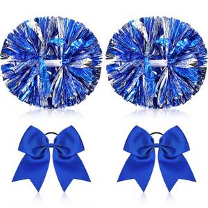 lot 54982 image: 4 Pcs Cheerleading Pom Poms with Baton Handle and Cheerleader Hair Bows, 14 Inch Metallic Cheer Supplies for School Team Spirit Sports Dance Cheering(Blue) - Retail $14