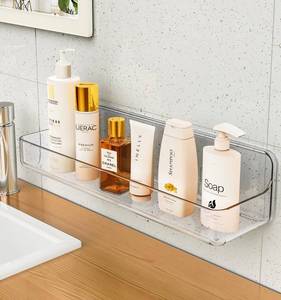 lot 54989 image: Shower shelves, Adhesive Clear Acrylic Bathroom Shower caddy Organizer, Transparent No Drilling Wall Mount Bathroom Storage - Retail $16