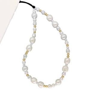 lot 54995 image: Beaded Phone Charm Y2K Kawaii Handmade Acrylic Phone Lanyard Wrist Strap for Camera Bag Airpods Keychain Charm Gold and White Pearls - Retail $8