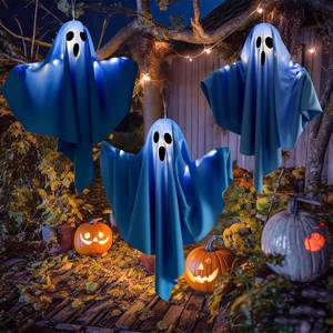 lot 55004 image: Halloween Light-up Ghost Decorations, White Hanging Flying Ghosts for Front Yard, Patio, Lawn, Garden, Party, 22.5 Inch, 3 Pack (Blue) - Retail $16
