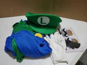lot 55005 image: Super Mario Luigi Costume Set with Cap and Gloves Adult size small (stain on gloves) - Retail $35