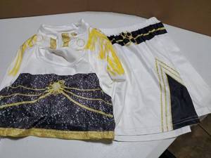 lot 55007 image: Competition Gymnastic costumes crop top, jacket and mini dress.  Girl size M 8-11 - Retail $45