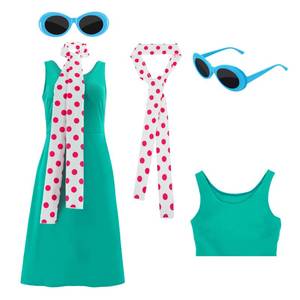 lot 55010 image: Women Lucy Costume Dress Wilde Polka Dot Scarf Blue Frame Glasses Halloween Themed Party Cosplay Outfit 2XL - Retail $30