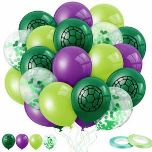 lot 55017 image: 45 Pcs Cartoon Turtles Birthday Balloon Decorations Purple Dark Green Turtle Print Balloon Decor for Birthday Party Supplies - Retail $10