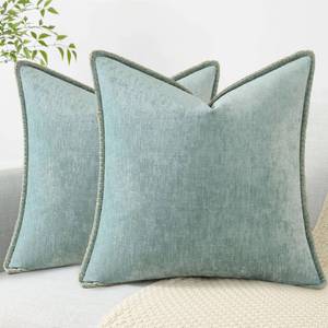 lot 55039 image: Spring Chenille Soft Cozy Throw Pillow Covers 20x20 Set of 2, Modern Farmhouse Boho Velvet Decorative Pillow Cases with Stitched Edge for Couch Sofa Bed Home Decor, Aqua Haze - Retail $21