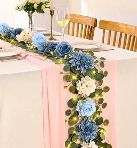 lot 55043 image: 6 Ft Flower Garland with Lights, Dusty Blue Rose Floral Garland Fake Flowers for Wedding Arch Party Tables Backdrop Decor