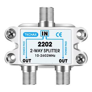 lot 55059 image: 2 Way Coaxial Cable Splitter, Support 10-2602MHz, RG6 Compatible, Nickel-Plated for Cable Splitter, Work with CATV, Satellite TV, Antenna System and MoCA Configurations - Retail $8