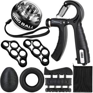 lot 55067 image: Hand Grip Strengthener Workout Kit (8 Pack) Forearm Grip Adjustable Resistance Hand Gripper, Finger Stretcher, Finger Exerciser, Grip Ring, Gyro Ball (black) - Retail $23