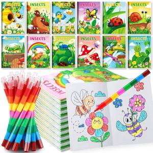lot 55089 image: 12 Insects Mini Coloring Books Kids with 12 Stacking Crayons Spring Bugs Party Favors Small Activity Books Bulk for Kids Butterfly Bee Party Gift Goodie Bag Stuffers - Retail $15