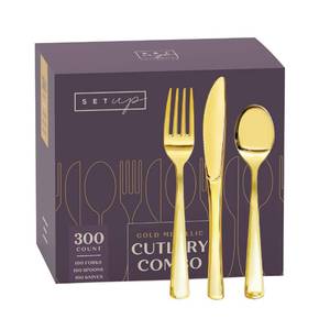 lot 55093 image: 300 Count Disposable Silverware, Gold Combo Cutlery - 100 Forks, 100 Spoons, 100 Knives - Heavy Duty, and Durable Gold Plastic Silverware Set Great for Parties, Events and Everyday use - Retail $27