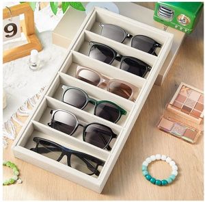 lot 55105 image: 4 Pcs Velvet Sunglasses Organizer Tray 6 Grid Sunglass Organizer Velvet Tray Stackable Glasses Display Case for Women Glasses Jewelry Display Watch (Black) - Retail $37